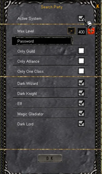 מסך ההגדרות: Active System, סיסמה, Guild, Alliance ו־Class.