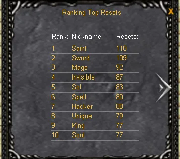 טבלת Ranking Top Resets ב-MU Classic