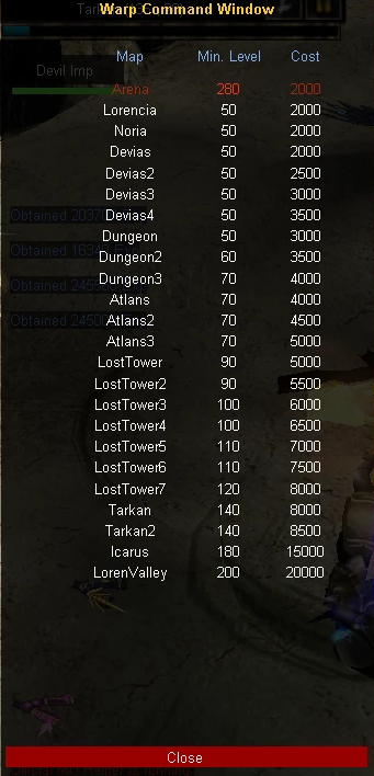 חלון ההשתגרות (Warp Command Window) של ביקי, אלף וקוסם עם הרמה המינימלית והמחיר לכל מפה