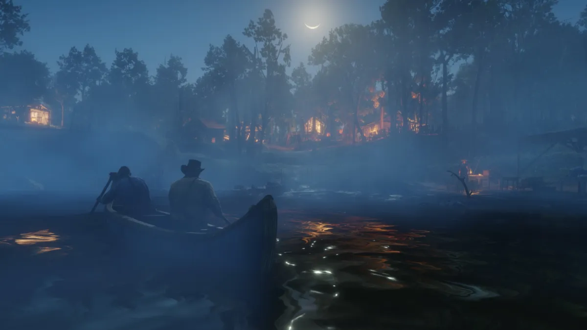 Red Dead Redemption 2 - שייט בקאנו בלילה מול מחנה בוער