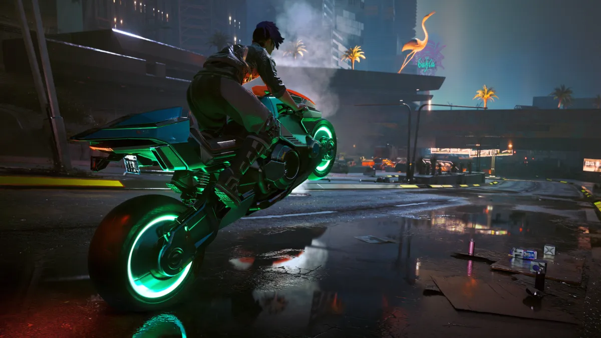 Cyberpunk 2077 - רכיבה על אופנוע ניאון ברחוב רטוב בלילה