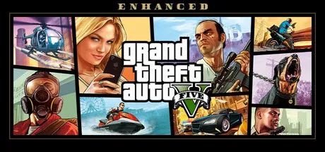 GTA V Enhanced - באנר המשחק עם מייקל, פרנקלין וטרבור