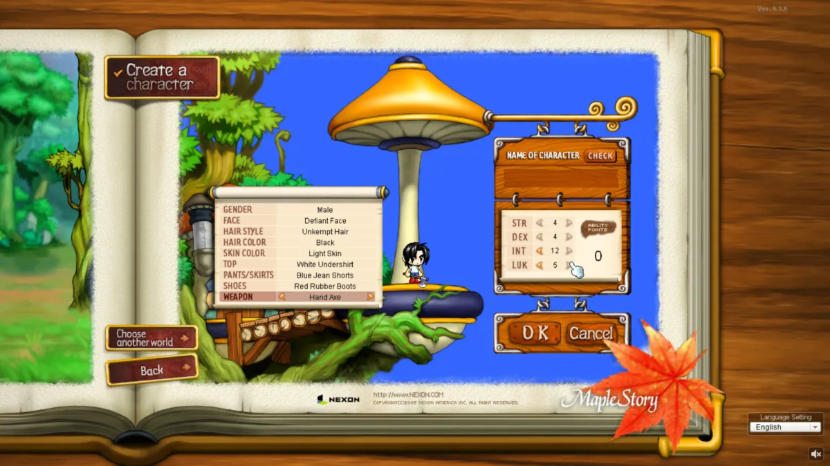 MapleStory Classic World - מסך יצירת דמות קלאסי עם חלוקת STR, DEX, INT ו-LUK