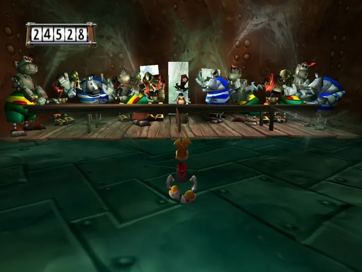 Rayman 3 - ריימן מול שולחן ארוך של אויבים, עם מונה הניקוד בראש המסך