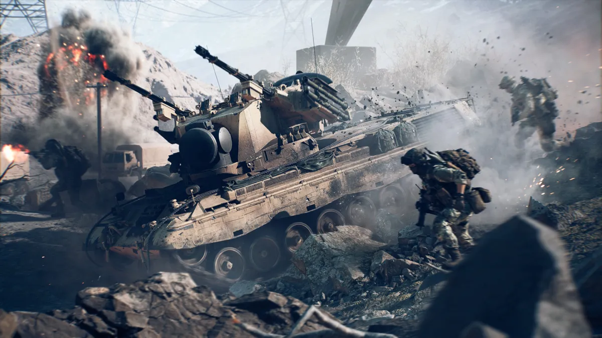 Battlefield 6 - טנק מתקדם בין חורבות עם חיילים מסביב