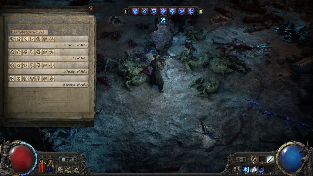 Path of Exile 2 - דמות נלחמת במערה חשוכה עם ממשק משימות ובקבוקי חיים ומאנה