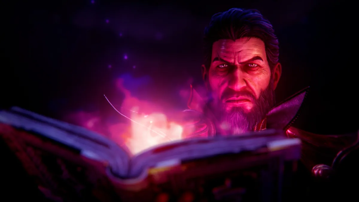 Diablo 2 Resurrected - ה-Warlock מקריא מספר כישופים בוער באור סגול, מתוך סרטון הפתיחה של Reign of the Warlock