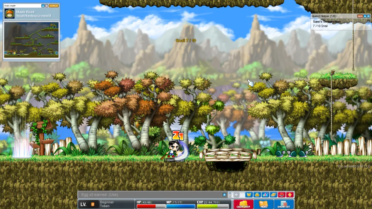 MapleStory Classic World - דמות Beginner צדה שבלולים ב-Maple Road באי מייפל, צילום מסך רשמי