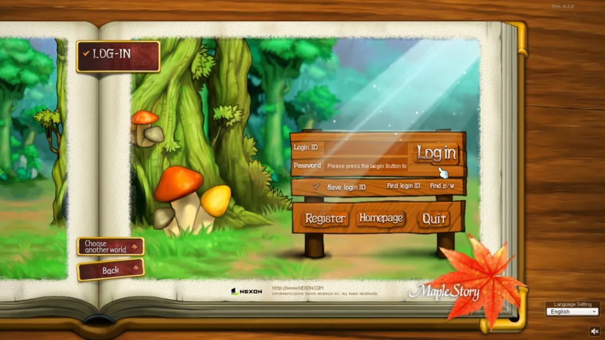 מסך הכניסה של MapleStory Classic World בעיצוב ספר פתוח, צילום מסך רשמי