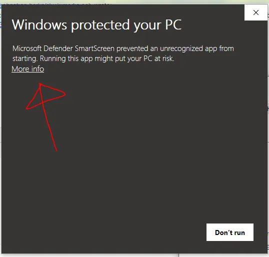 חלון SmartScreen עם ההודעה Windows protected your PC והקישור More info